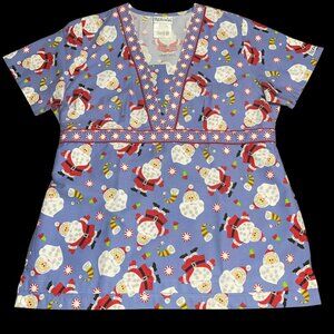 UA Blue Santa Claus Peppermint Winter Holiday Christmas Scrub Shirt Top Large